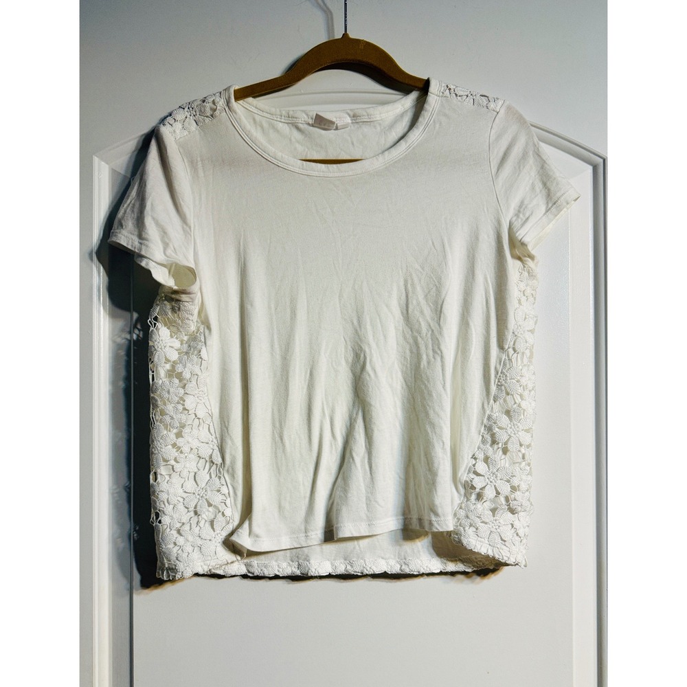 Gap Lace Back Tee‎ Women Small White Floral Crochet Mixed Media Top Cottagecore